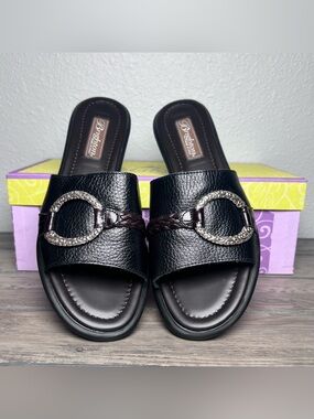 Brighton NIB Women’s size 7.5 Jive Black/Chocolate leather slide sandals w/braid